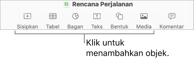 Jendela Numbers dengan keterangan untuk tombol objek di bar alat.