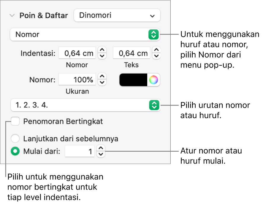 Kontrol untuk mengubah gaya nomor dan spasi daftar.