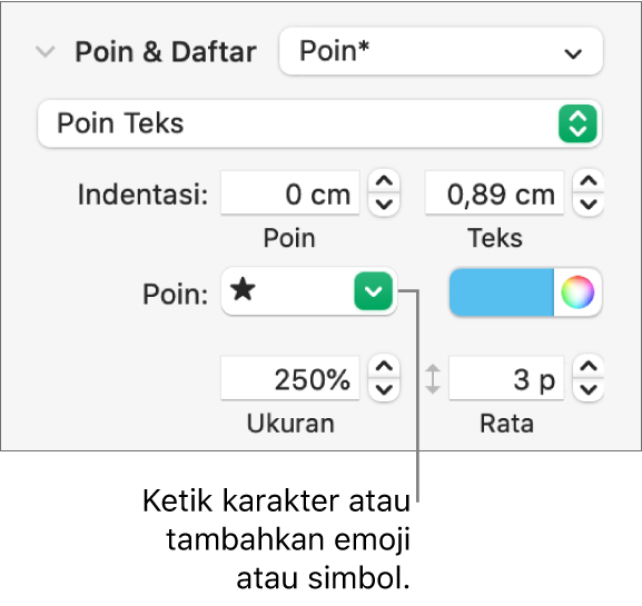 Bagian Poin & Daftar pada bar samping Format. Bidang Poin menampilkan emoji bintang.