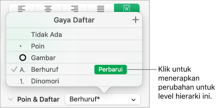 Menu pop-up Gaya Daftar dengan tombol Perbarui di samping nama gaya baru.