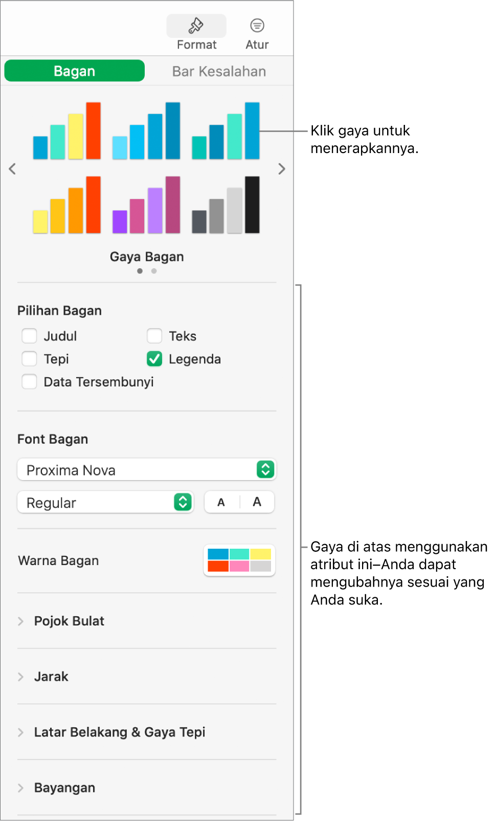 Bar samping Pemformatan menampilkan kontrol untuk bagan pemformatan.