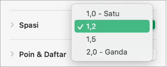 Menu pop-up Spasi dengan Tunggal, Ganda, dan pilihan lainnya.