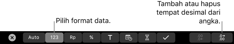 Touch Bar MacBook Pro dengan kontrol untuk memilih format data dan menambah atau menghapus tempat desimal untuk angka.