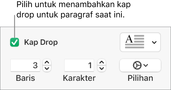 Kotak teks Kap Drop dipilih, dan menu pop-up muncul di kanannya; kontrol untuk mengatur tinggi garis, jumlah karakter, dan pilihan lainnya muncul di bawahnya.