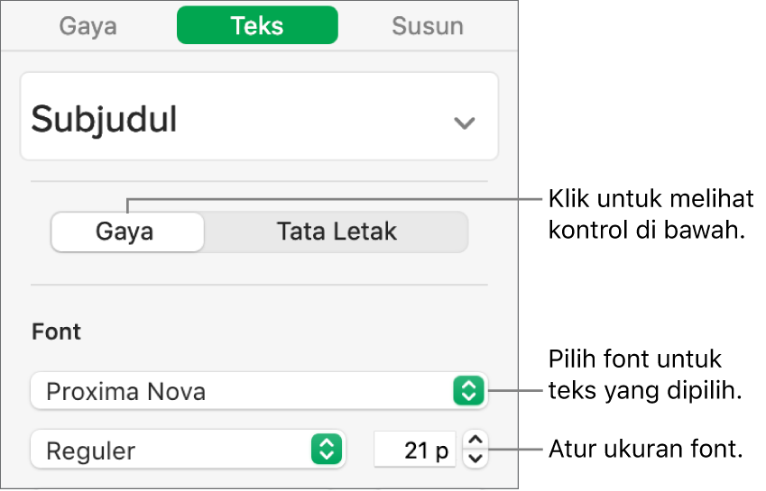 Kontrol teks di bagian Gaya pada bar samping Format untuk mengatur font dan ukuran font.