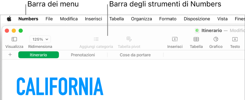 La barra dei menu nella parte superiore dello schermo con i menu Apple, Numbers, File, Modifica, Inserisci, Tabella, Organizza, Formato, Disposizione, Visualizza, Finestra e Aiuto. Sotto alla barra dei menu è presente un foglio di calcolo Numbers aperto con i pulsanti della barra strumenti Visualizza, Ridimensiona, “Aggiungi categoria”, “Tabella pivot”, Inserisci, Tabella, Grafico e Testo.