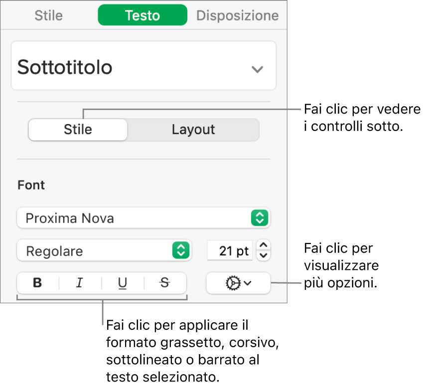 Controlli di Stile nella barra laterale con didascalie per i pulsanti Grassetto, Corsivo, Sottolineato e Barrato.