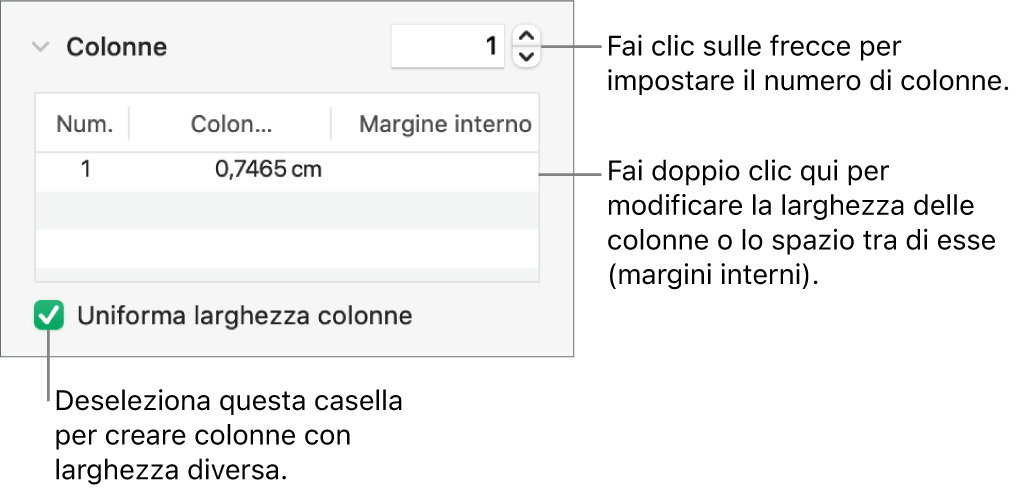 Controlli nella sezione Colonne per la modifica del numero di colonne e della larghezza di ogni colonna.