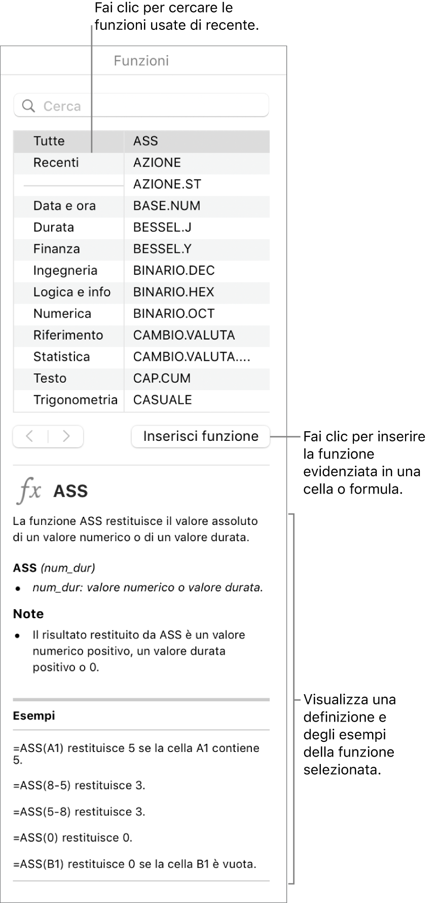 Browser funzioni con didascalie per le funzioni utilizzate di recente, il pulsante “Inserisci funzione” e la definizione della funzione.