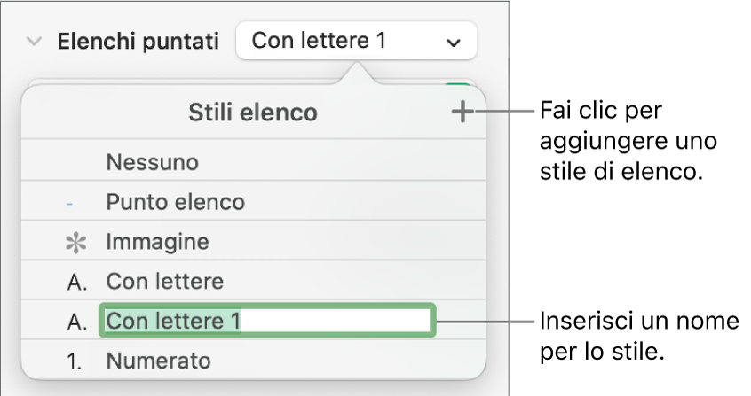 Menu a comparsa “Stili elenco” con un pulsante Aggiungi nell’angolo superiore destro e un nome di stile segnaposto con il suo testo selezionato.