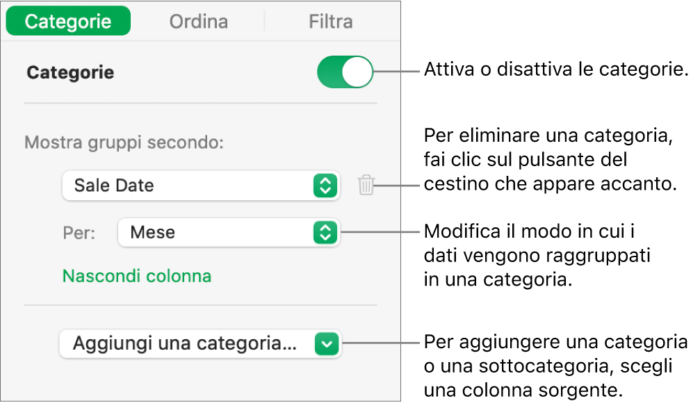 La barra laterale delle categorie con opzioni per disattivare le categorie, eliminare le categorie, raggruppare i dati, nascondere una colonna sorgente e aggiungere le categorie.