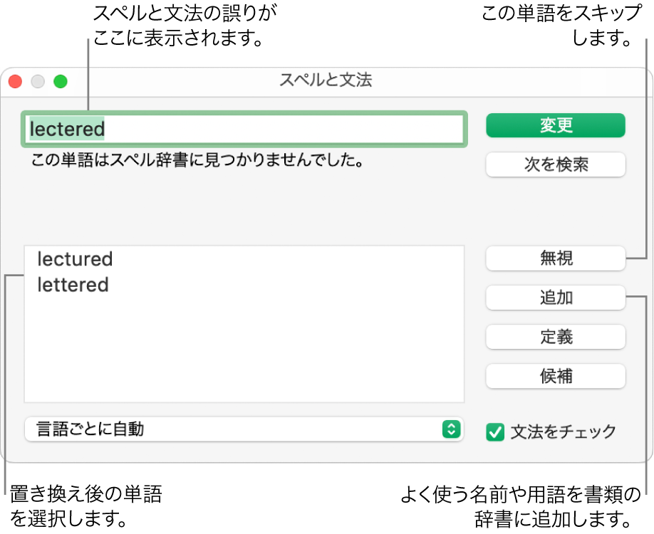 「スペルと文法」ウインドウ。