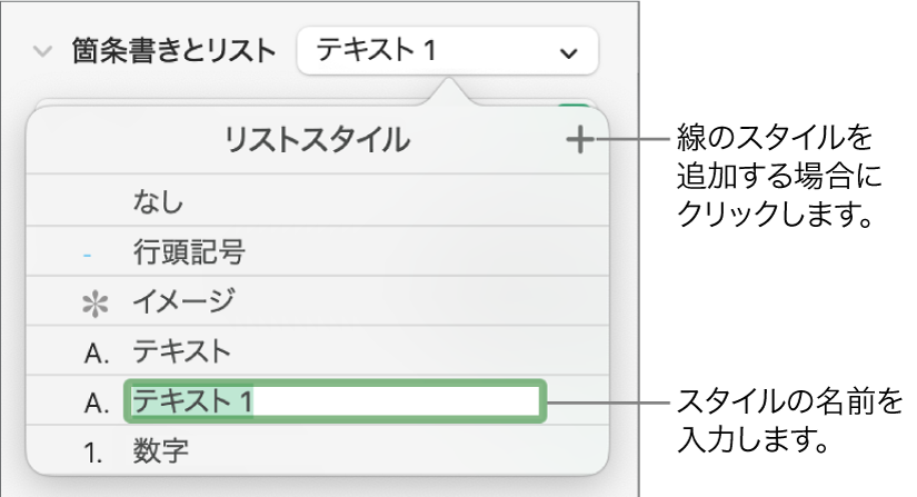 「リストスタイル」ポップアップメニュー。右上隅に「追加」ボタンがあり、プレースホルダスタイル名はテキストが選択された状態。