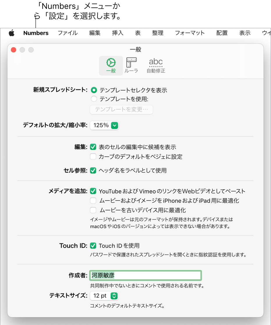 Numbersの設定ウインドウ。「一般」パネルが開いていて、新規スプレッドシート、デフォルトの拡大/縮小率、編集、セル参照、方程式、メディアを追加、Touch ID、作成者、およびデフォルトのテキストサイズの設定が表示されています。