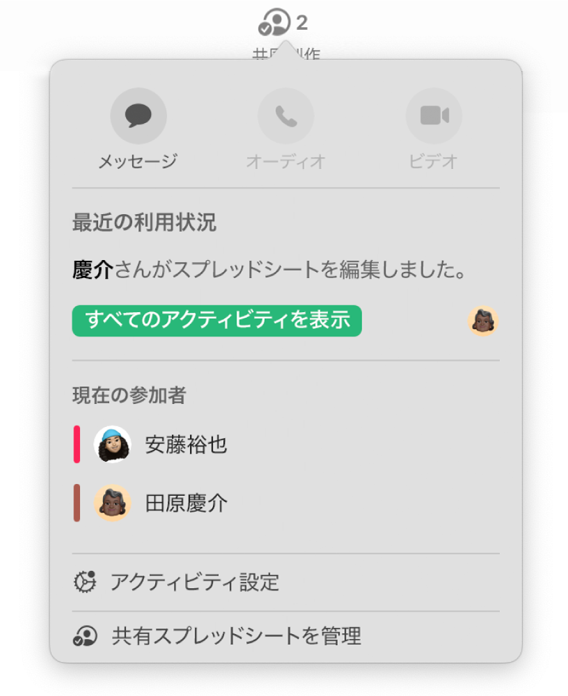 スプレッドシートを共同作業している人々の名前を示す共同作業メニュー。