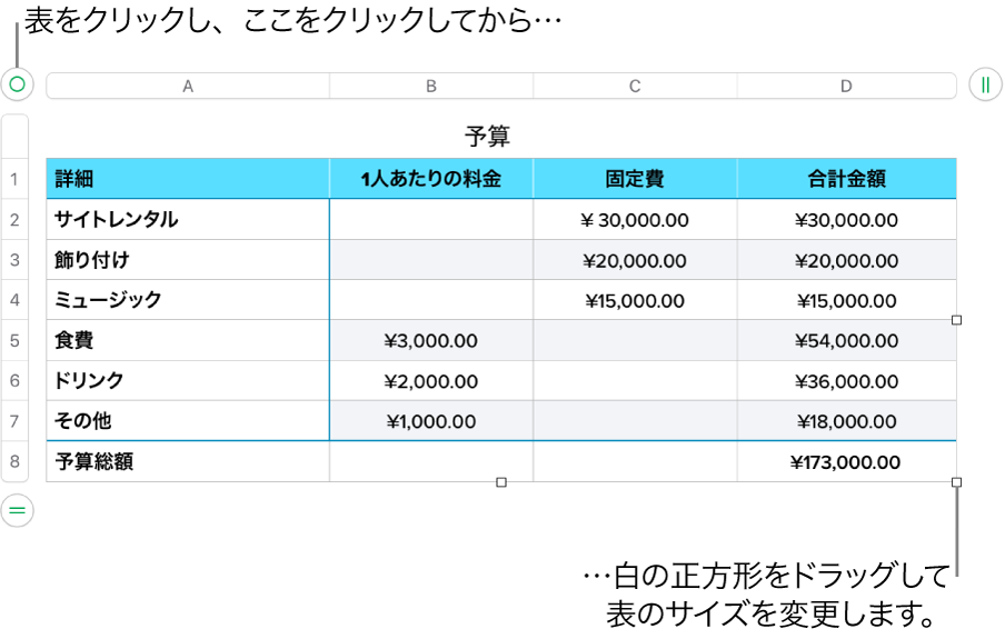 選択された表。サイズを変更するための白い正方形が表示された状態。