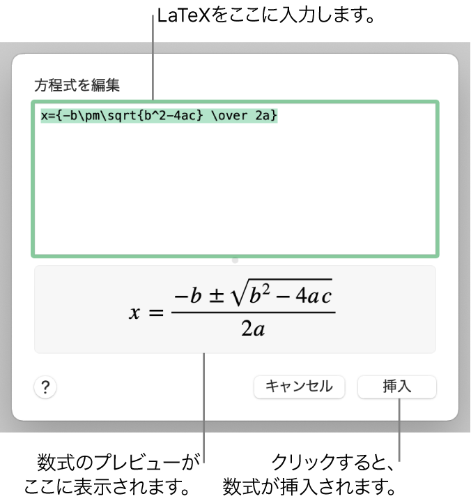 LaTeXを使用して書き込まれた二次方程式の解の公式が「方程式」フィールドに、公式のプレビューがその下に表示されます。