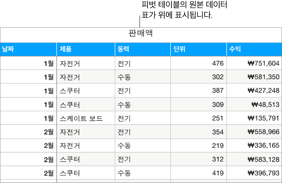 자전거, 스쿠터 및 스케이트보드의 판매량 및 수익을 월별 및 상품 유형(수동 또는 전기)별로 표시하는 소스 데이터 표.