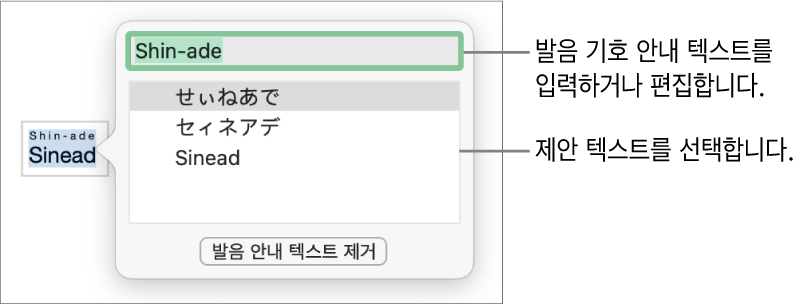 발음 기호 안내는 텍스트 필드 및 제안 텍스트에 대한 설명이 있는 단어에 대해 열립니다.