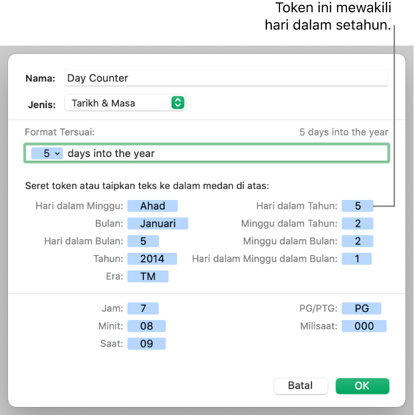 Format sel tarikh dan masa tersuai.