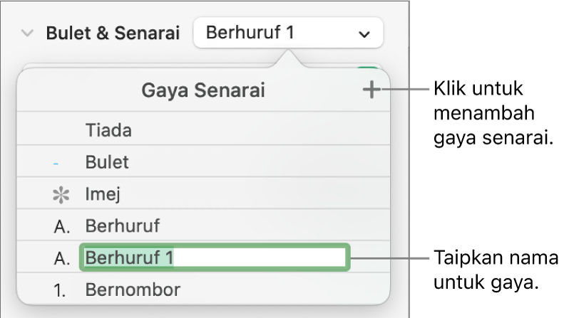 Menu timbul Gaya Senarai dengan butang Tambah di penjuru kanan atas dan nama gaya ruang letak dengan teksnya dipilih.