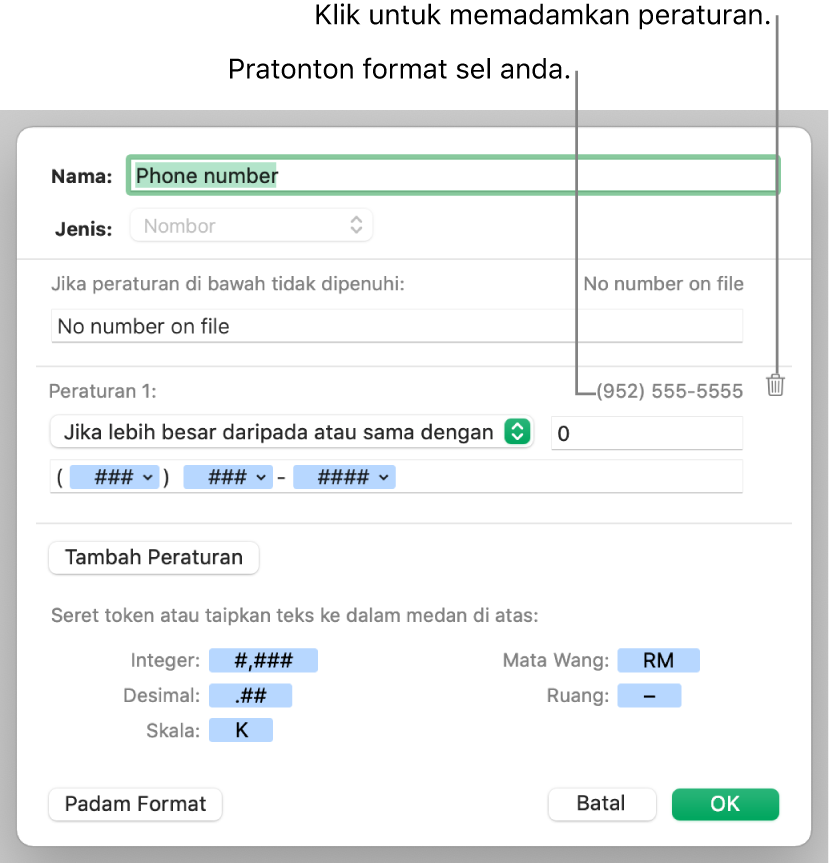 Format sel nombor tersuai dengan peraturan.