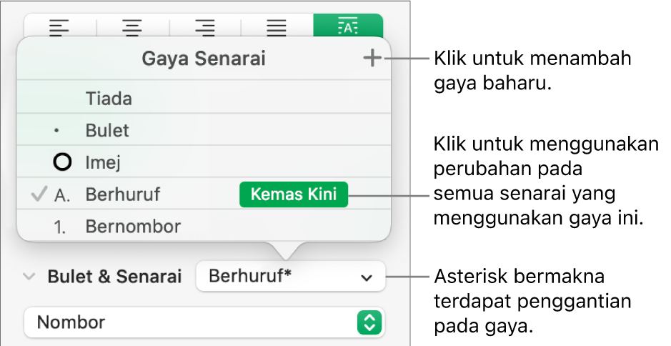 Menu timbul Gaya Senarai dengan asterisk yang menunjukkan penggantian dan petak bual pada butang Gaya Baharu dan submenu pilihan untuk menguruskan gaya.