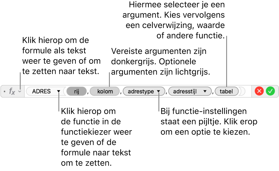 De formule-editor met de ADRES-functie en de bijbehorende argumenttokens.