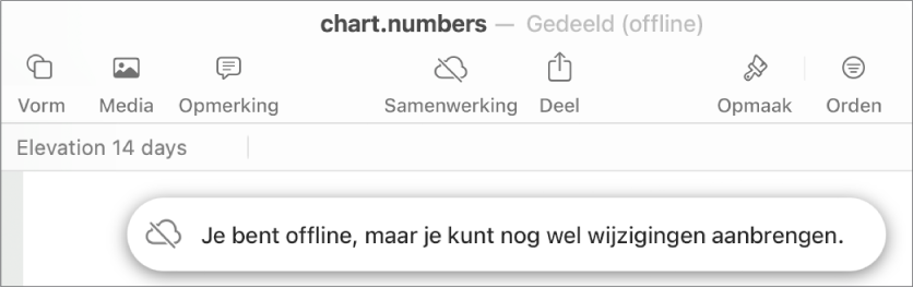 De volgende melding staat op het scherm: 'Je bent offline, maar je kunt nog wel wijzigingen aanbrengen.'