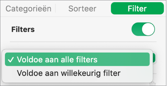 Het pop‑upmenu om te kiezen of alleen rijen worden weergegeven die voldoen aan alle filters, of alle rijen die aan minimaal een van de filters voldoen.