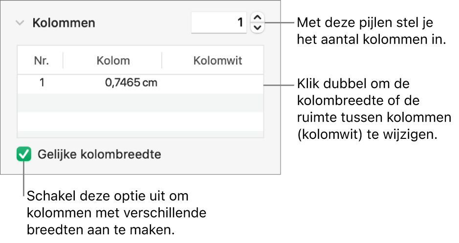 Regelaars in het kolommengedeelte voor het wijzigen van het aantal kolommen en de breedte van elke kolom.