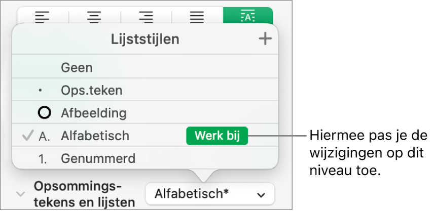 Het pop‑upmenu 'Lijststijlen' met een knop 'Werk bij' naast de naam van de nieuwe stijl.