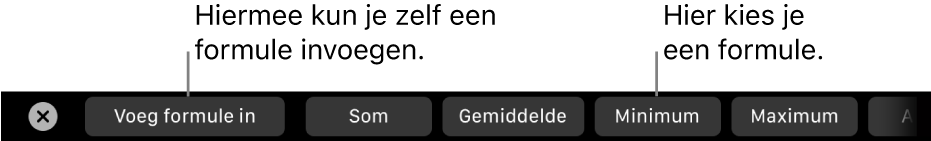 De Touch Bar op een MacBook Pro met regelaars waarmee je zelf een formule kunt invoegen of een van de standaardformules kunt kiezen.