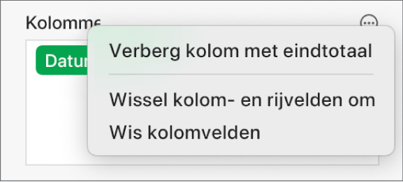 Het menu met meer veldopties, met de regelaars om eindtotalen te verbergen, kolom- en rijvelden om te wisselen en velden te wissen.