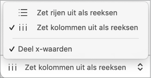 Het pop‑upmenu waarin je kunt kiezen of je rijen of kolommen als gegevensreeks wilt uitzetten.