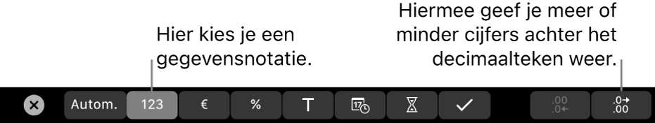 De Touch Bar op een MacBook Pro met regelaars voor het kiezen van een gegevensnotatie en het toevoegen of verwijderen van cijfers achter het decimaalteken.