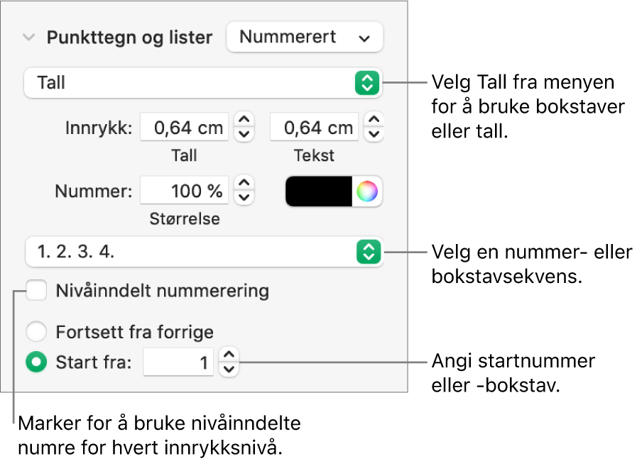 Kontrollene for å endre nummereringsstilen og avstanden for en liste.