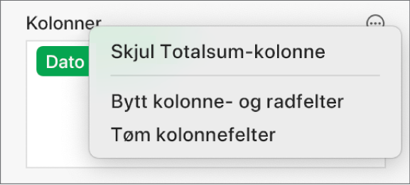 Flere feltvalg-menyen, med kontroller for å skjule totalsummer, bytte kolonne- og radfelter og tømme felter.