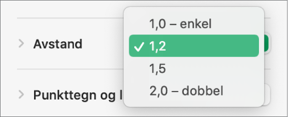 Avstand-lokalmenyen, med Enkel, Dobbel og andre alternativer.