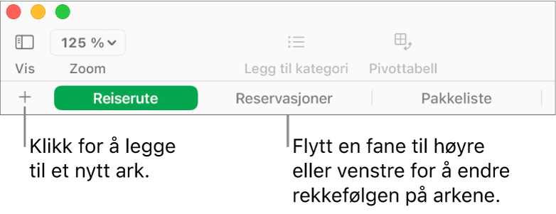 Fanelinjen for å legge til et nytt ark og omorganisere ark.