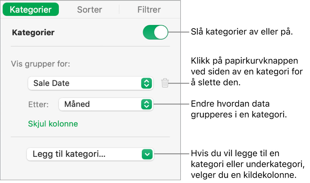 Kategorisidepanelet med alternativer for å slå av kategorier, slette kategorier, omgruppere data, skjule en kildekolonne og legge til kategorier.