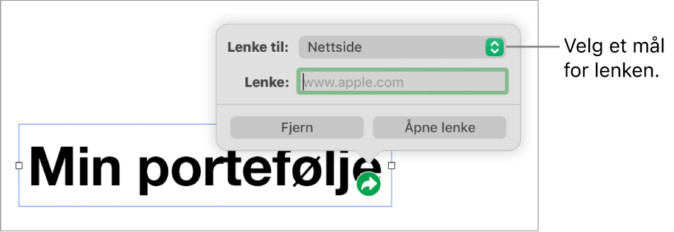 Lenkeredigerer-kontrollene med Nettside markert, og Fjerne lenke- og Åpne lenke-knappene nederst.
