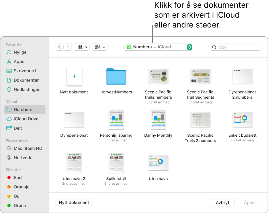 Åpne-dialogruten med sidepanelet åpent på venstre side og iCloud Drive valgt i lokalmenyen øverst. Mapper for Keynote, Numbers og Pages vises i dialogruten sammen med en Nytt dokument-knapp.