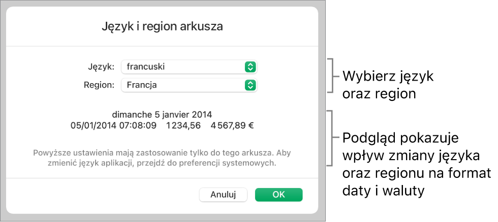 Panel Język i region z narzędziami do ustawień języka i regionu, a także przykład formatu zawierający datę, czas, liczbę dziesiętną oraz walutę.