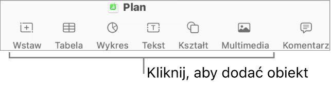 Okno Numbers z objaśnieniami wskazującymi przyciski na pasku narzędzi.