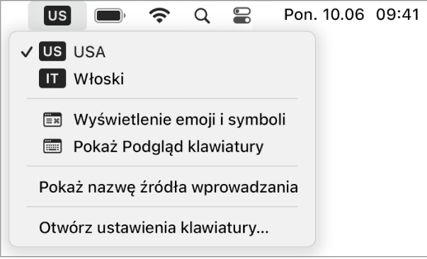 Menu wprowadzania w prawym górnym rogu paska menu.