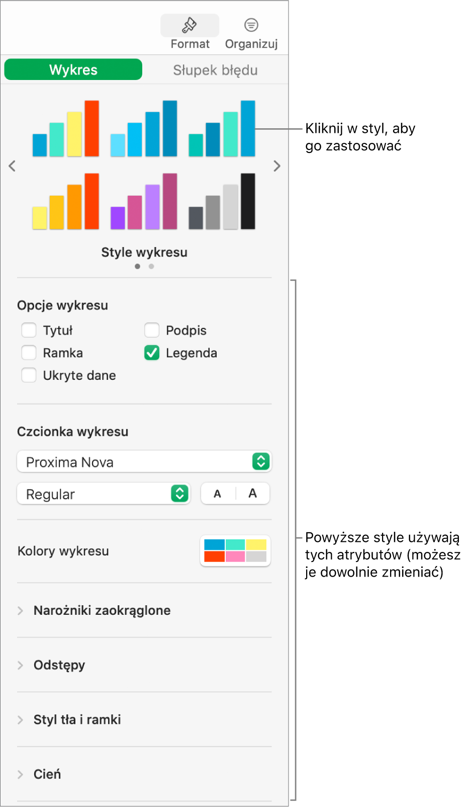 Pasek boczny formatowania zawierający narzędzia formatowania wykresów.