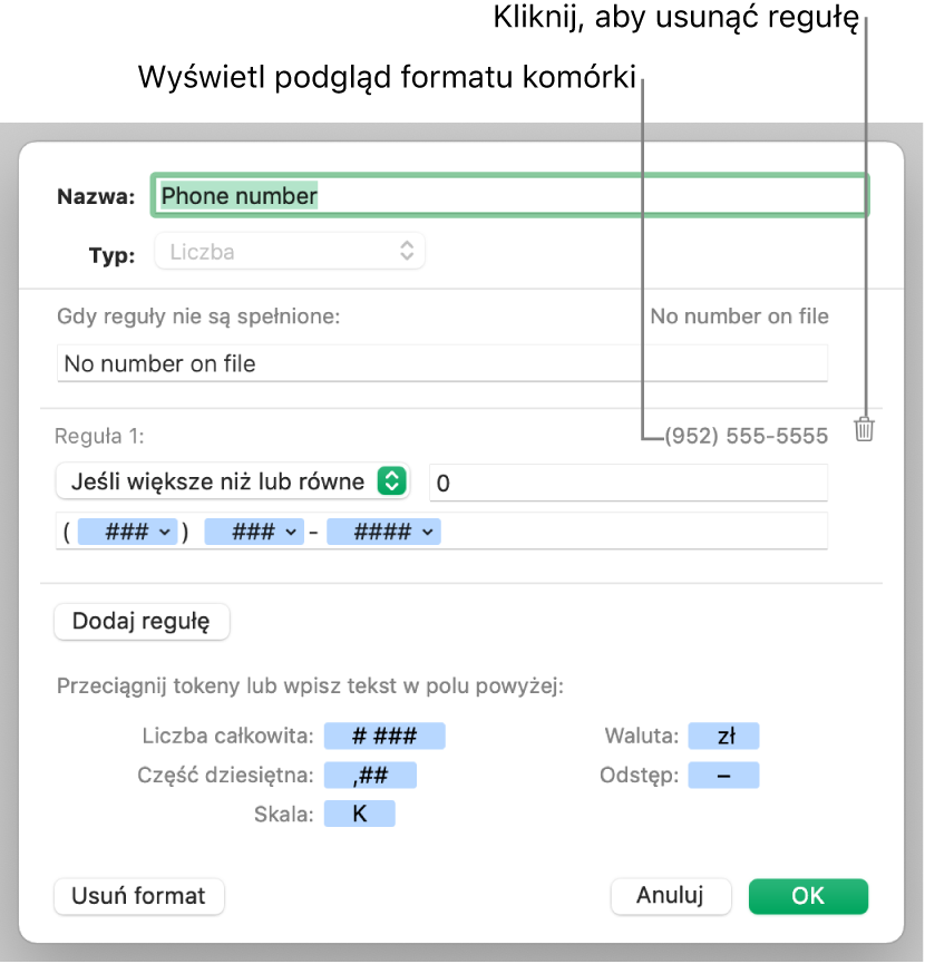 Format własny komórki z regułami.