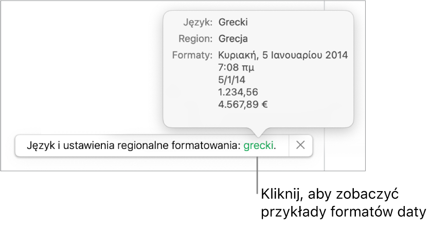 Powiadomienie o różnicy ustawień dotyczących języka i regionu, pokazujące przykłady formatowania używanego w wybranym języku i regionie.