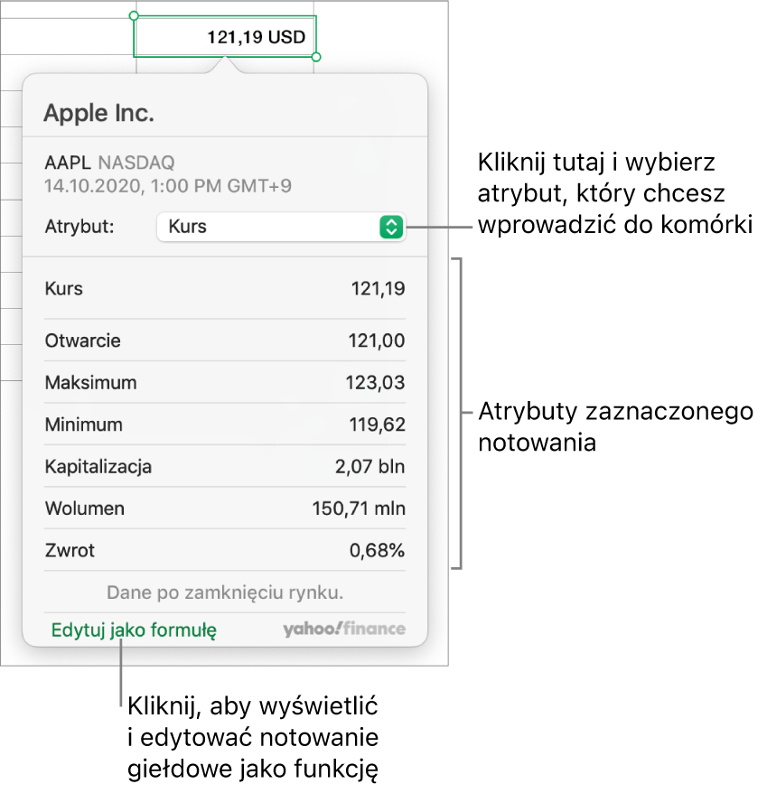 Pole dialogowe pozwalające na wprowadzanie informacji o atrybutach akcji; w polu tym wybrane są akcje Apple